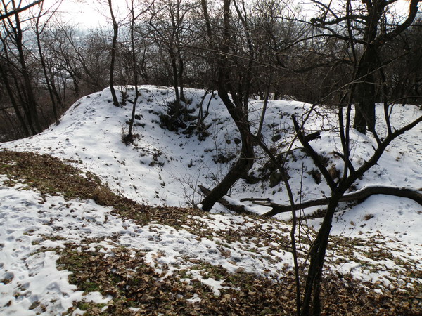 Zvyšky drevozemného bunkru na výhodnej polohe nad Pezinkom.